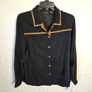 VTG ELCC Womens M Black Shirt Cheetah Suede Button Up  Diva Casual Western Y2K